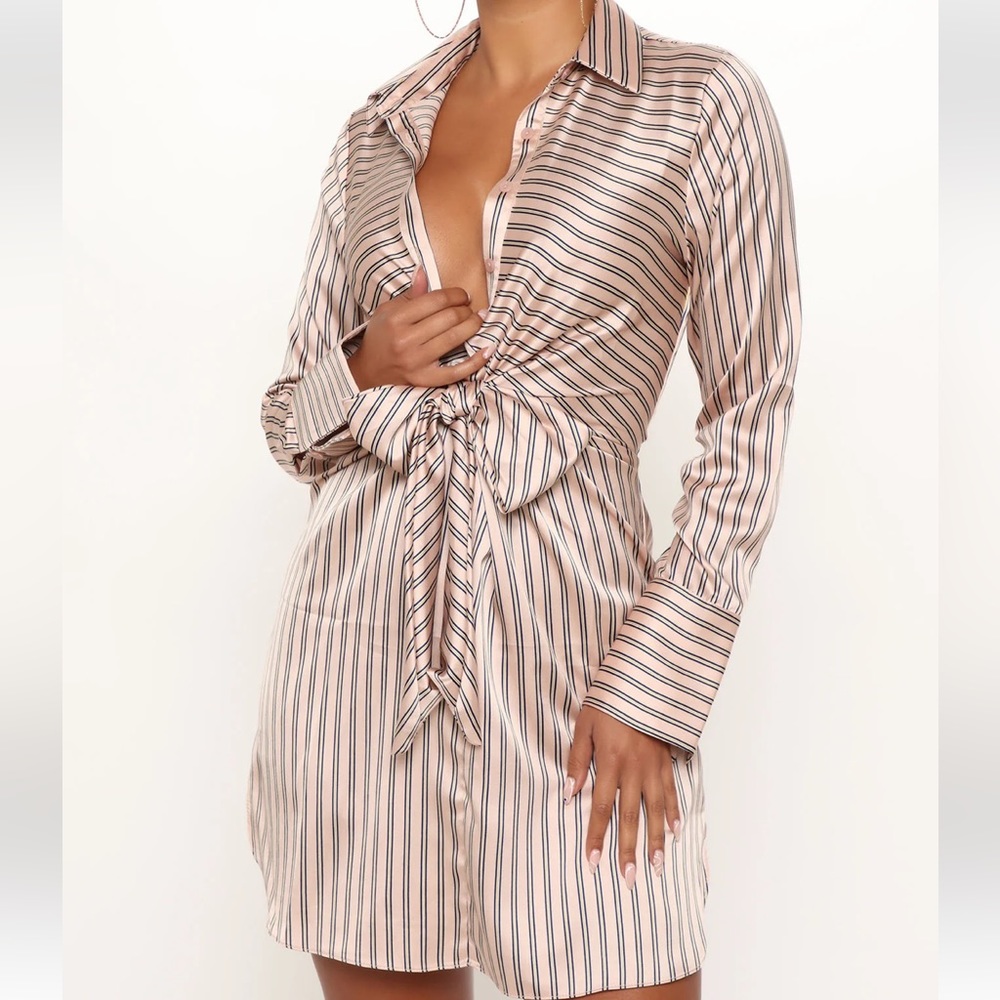 Pink and striped shirt dress, tie front